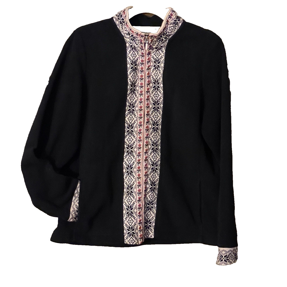 Women's LL Bean Fleece Jacket Black /Snowflake & Floral Trim, Size Large Vintage